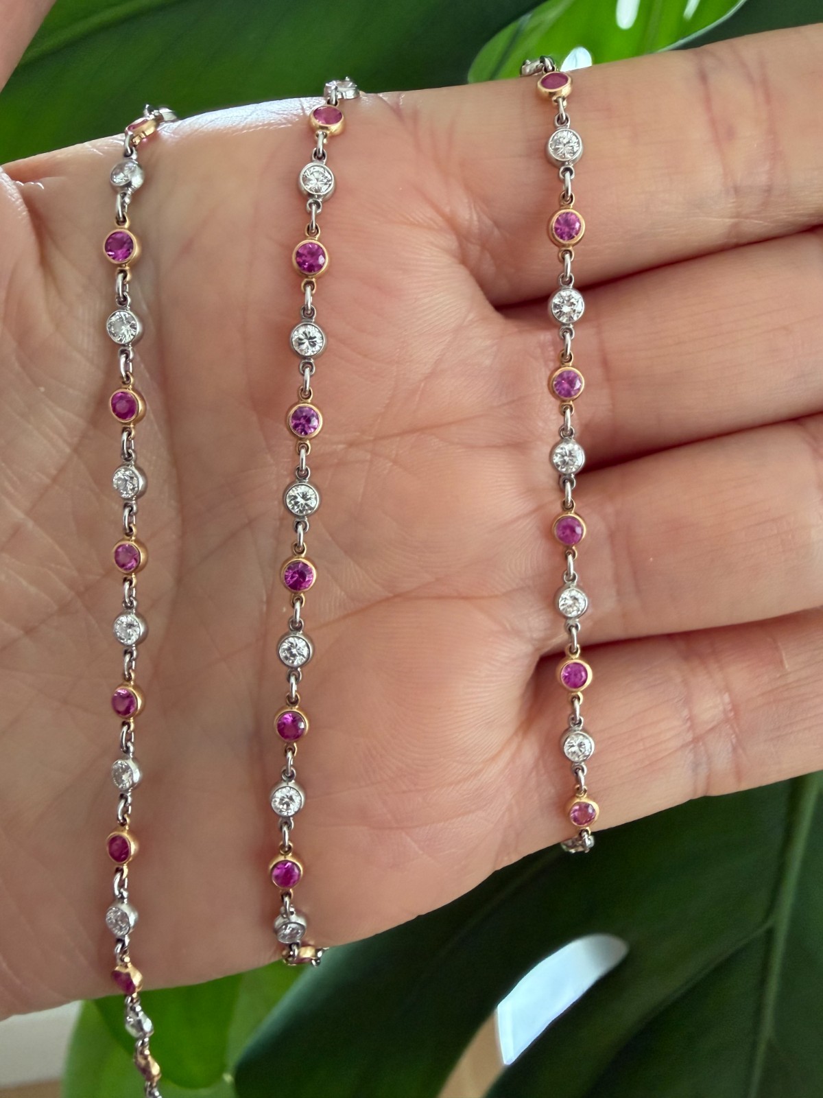 18K Gold Diamond Pink Sapphire Diamond By The Yard Necklace 1.70ct D. 2.25ct S.