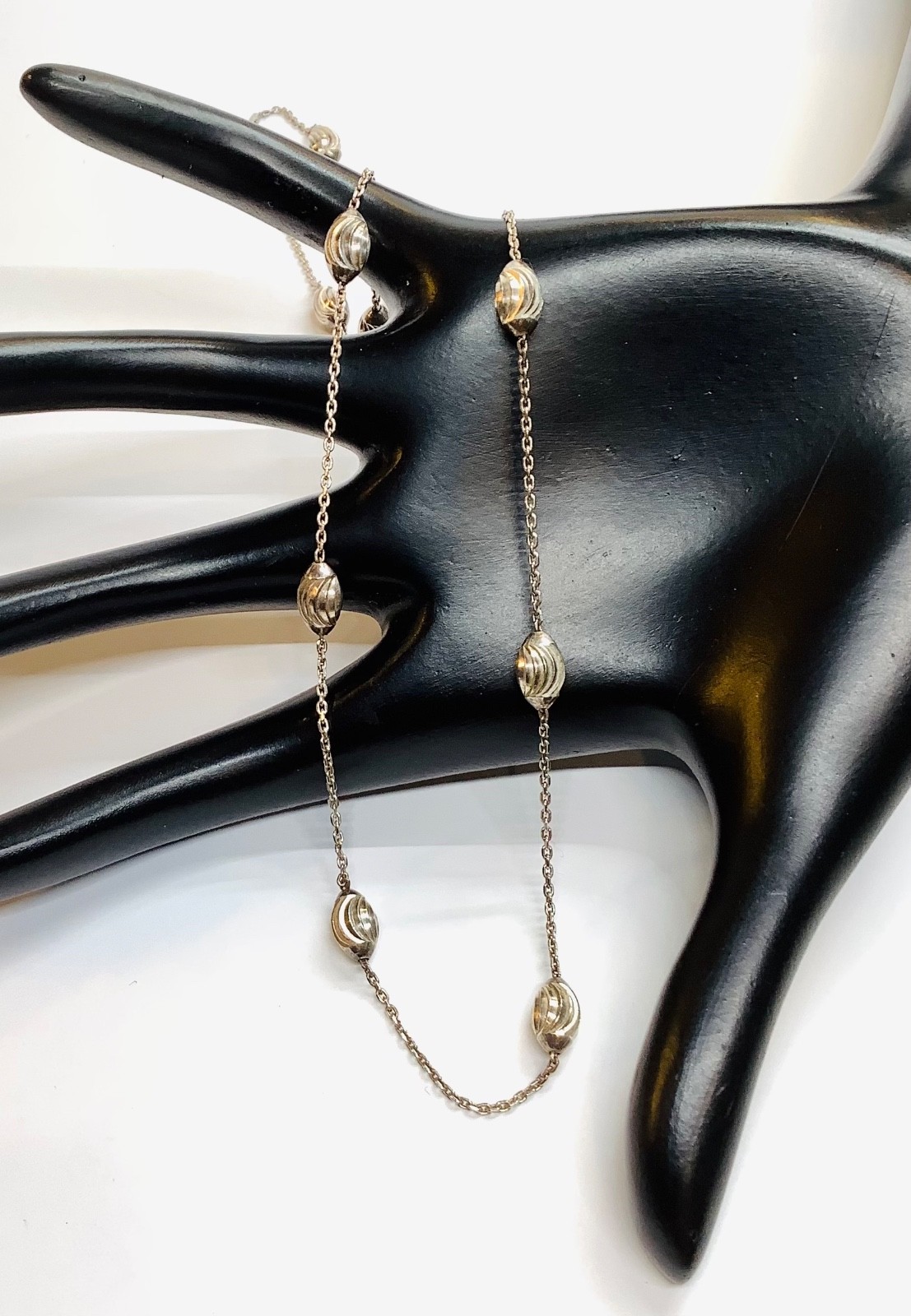 Milor Sterling Silver Unique Swirl Moon Cut Oval Bead Station Necklace 18” Italy