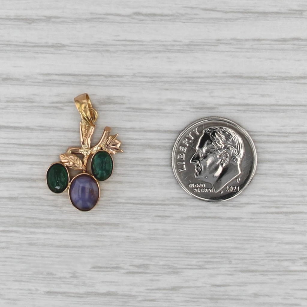 Purple Star Sapphire Emerald Cabochon Flower Pendant 22k Yellow Gold