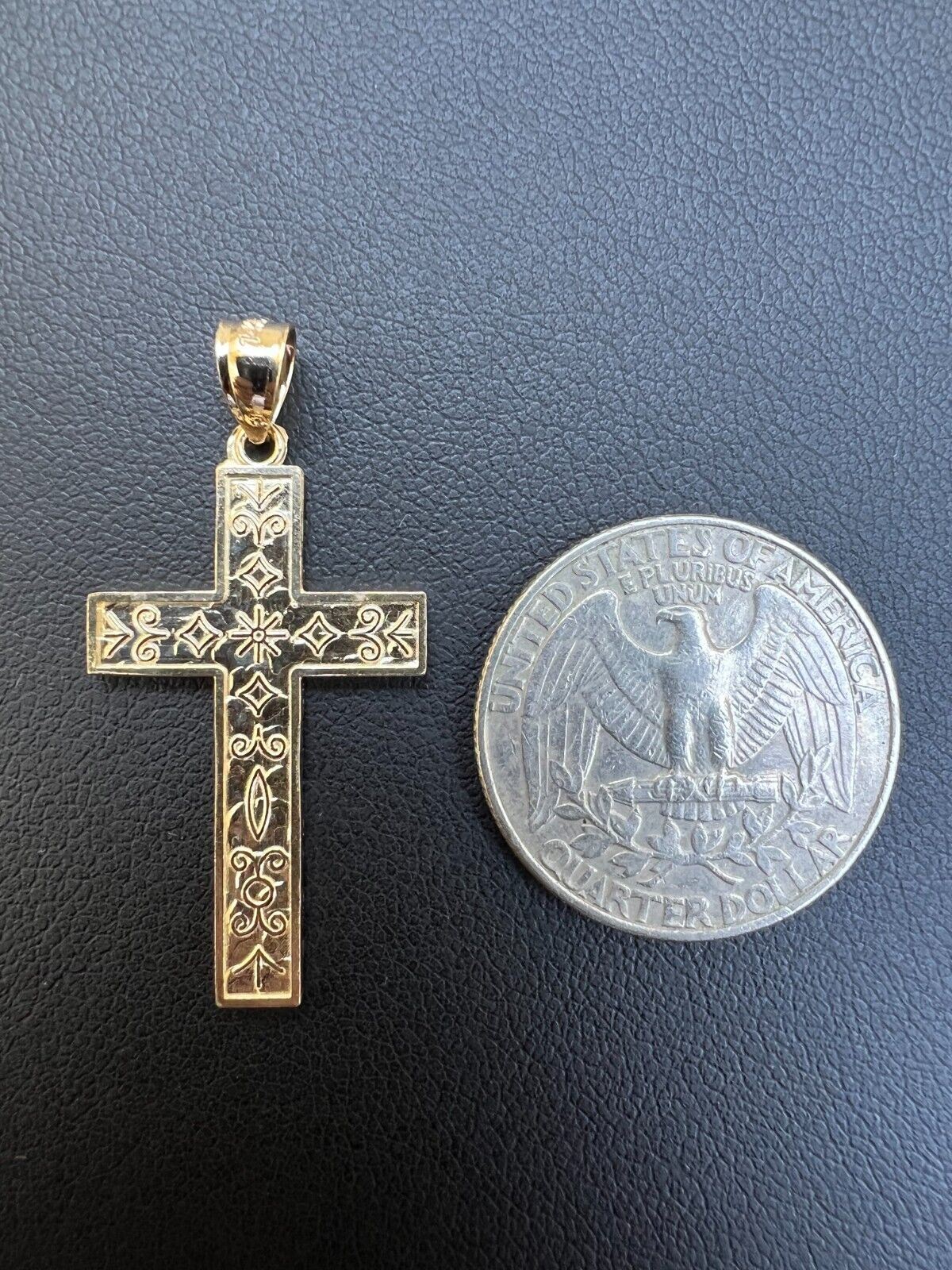 Real 14k Solid Yellow & White Diamond Cut Gold Cross Crucifix Pendant Necklace