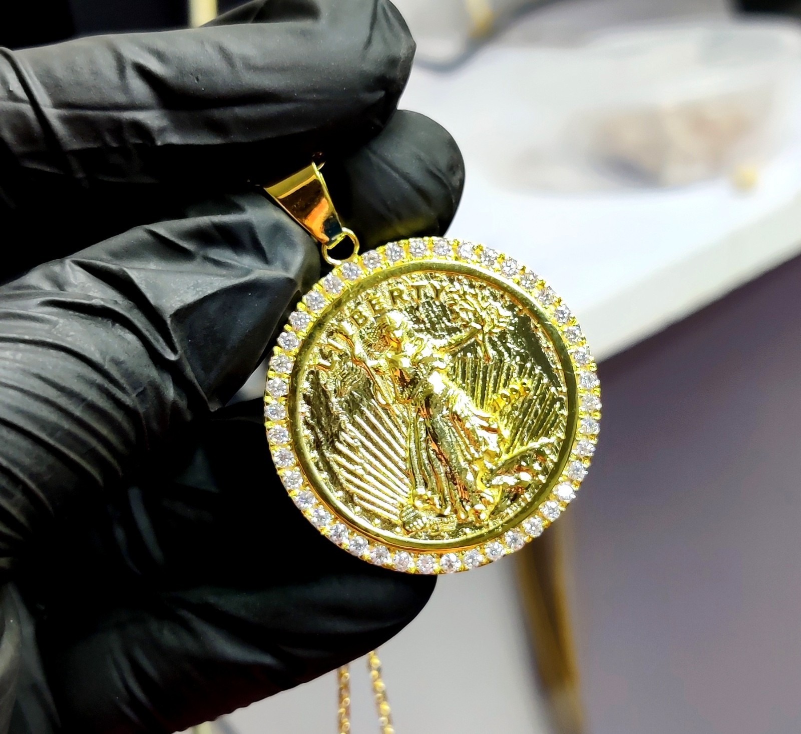 1.20Ct Round Cut Lab Created Diamond Liberty Coin Pendant 14K Yellow Gold Plated