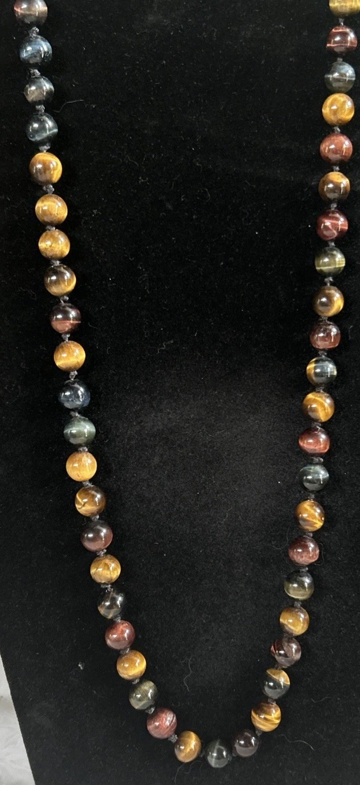 10mm Tiger’s Eye Beaded Necklace Knotted Brown, Red, Black Tones 26” Gemstone