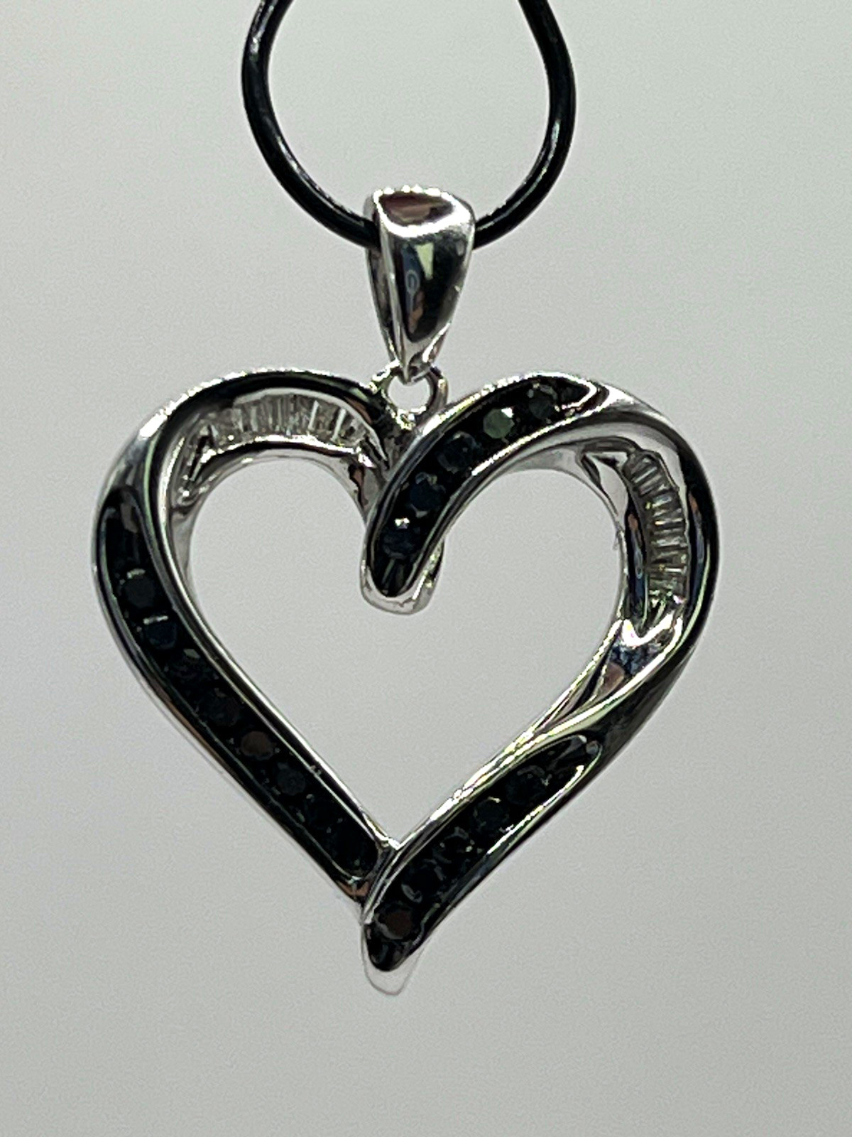 925 Sterling Silver Open Heart Charm Pendant, Channel-Set Baguette Diamonds