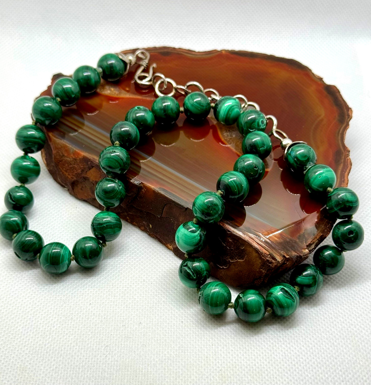 925 Sterling Silver 10mm Malachite Bead 18″-21″ Necklace Shepherd’s Hook