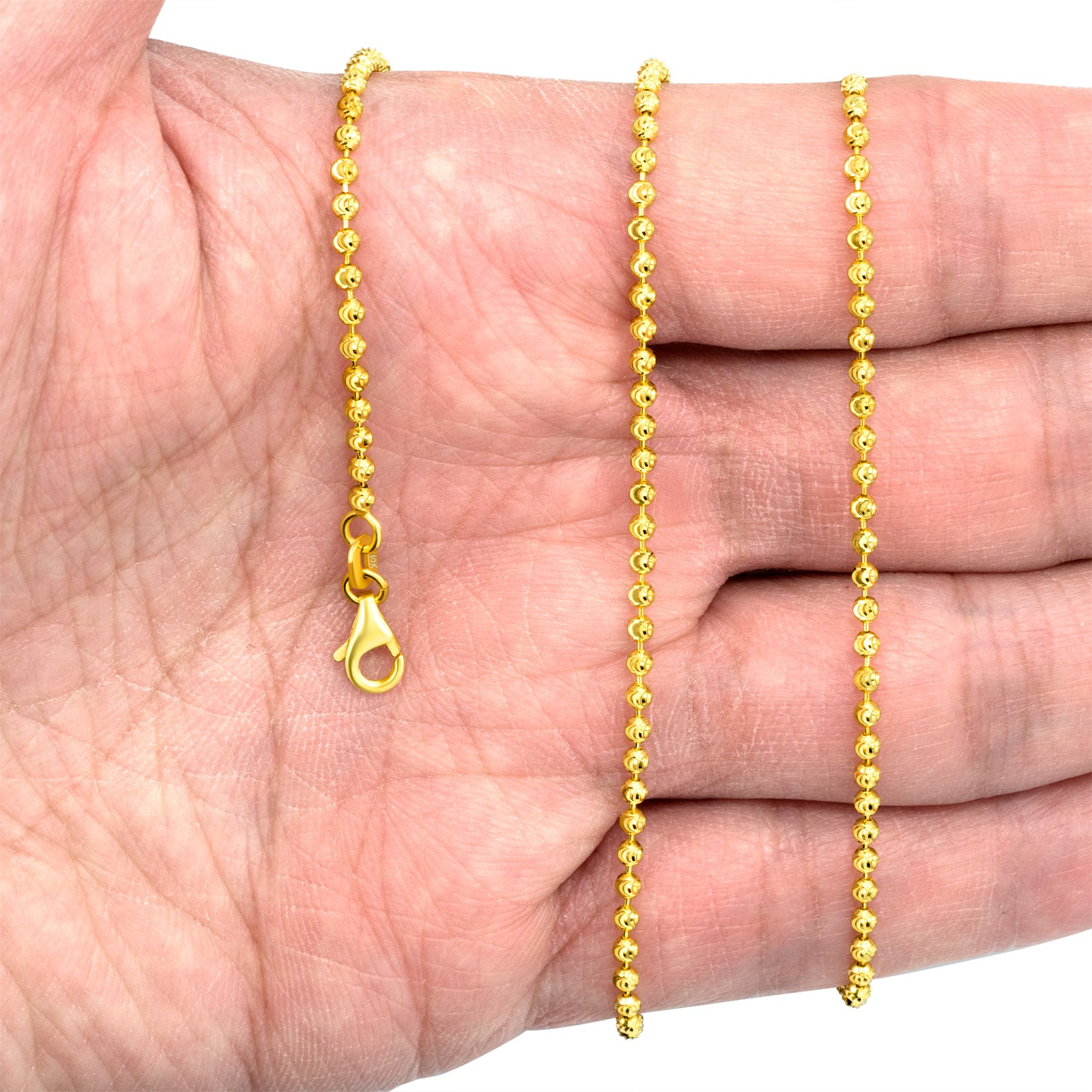 10K Yellow Gold Solid 2mm-4mm Moon Diamond Cut Ball Bead Chain Necklace 16″- 30″