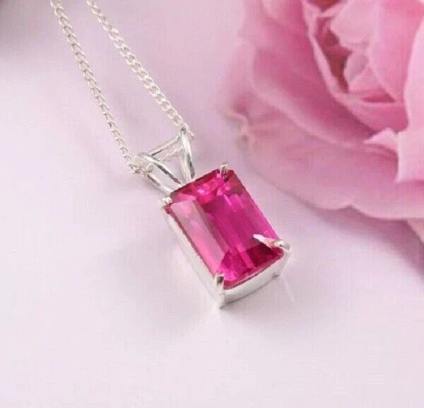 3Ct Emerald Cut Ruby Solitaire Women’s Pendant In 14K White Gold Over Free Chain