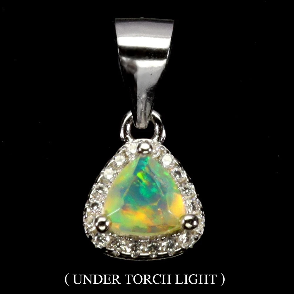 925 Sterling Silver Pendant Charm Halo Trilliant Fire Opal 5mm Natural Gemstone