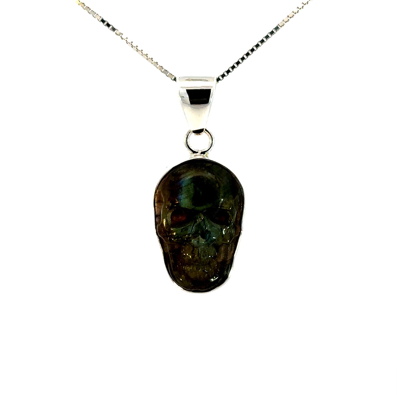 Sterling Silver Labradorite Skull Pendant (Charles Albert) 5/8 x 1 1/2 Inch