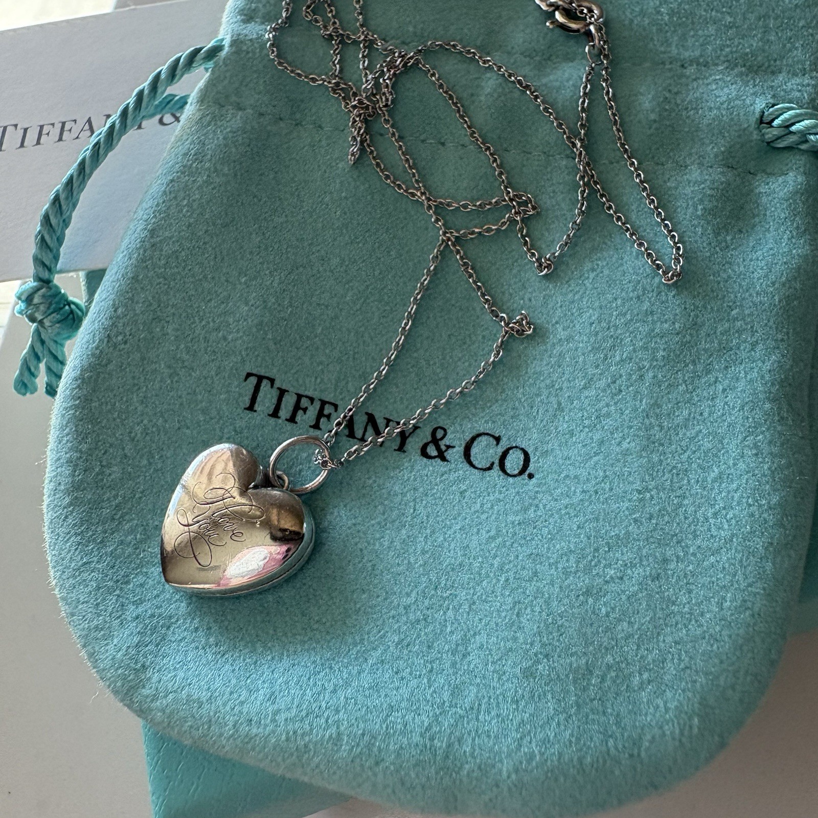 Tiffany & Co. Sterling Silver I Love You Heart Locket Pendant w/18” Chain