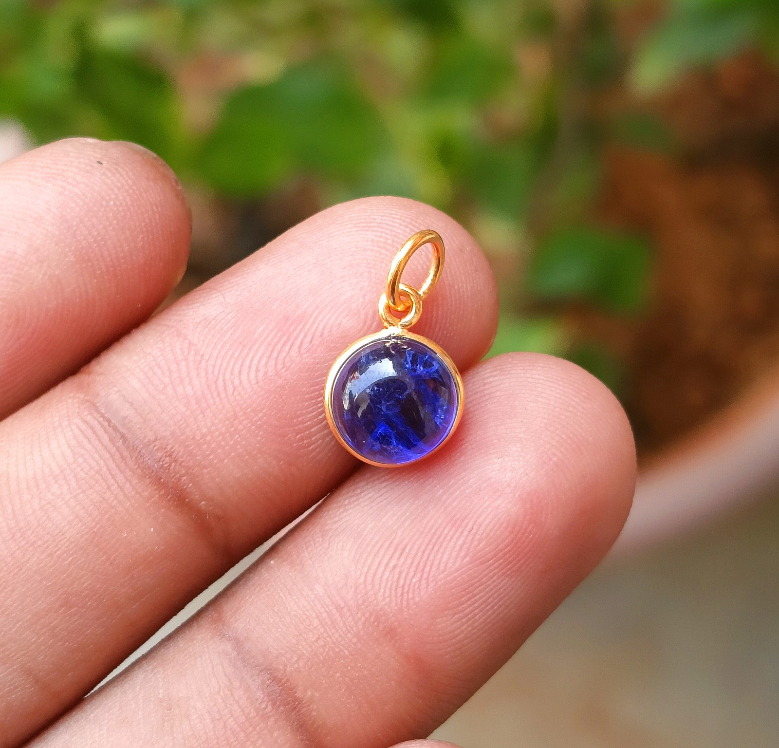 Blue Sapphire Round Gold Charm, 18k Solid Gold Charm Handmade Necklace Pendant