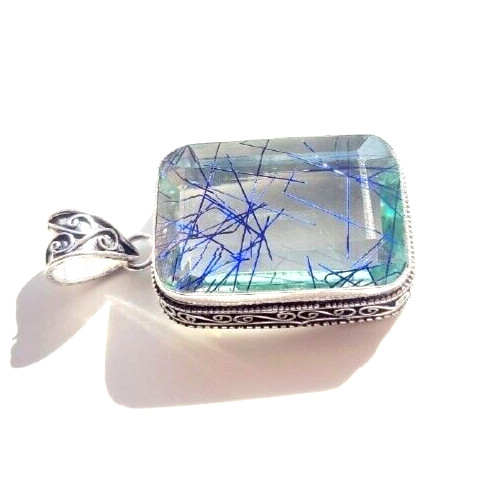 Blue Rutilated Quartz Gemstone 925 Sterling Silver Handmade Jewelry Pendant