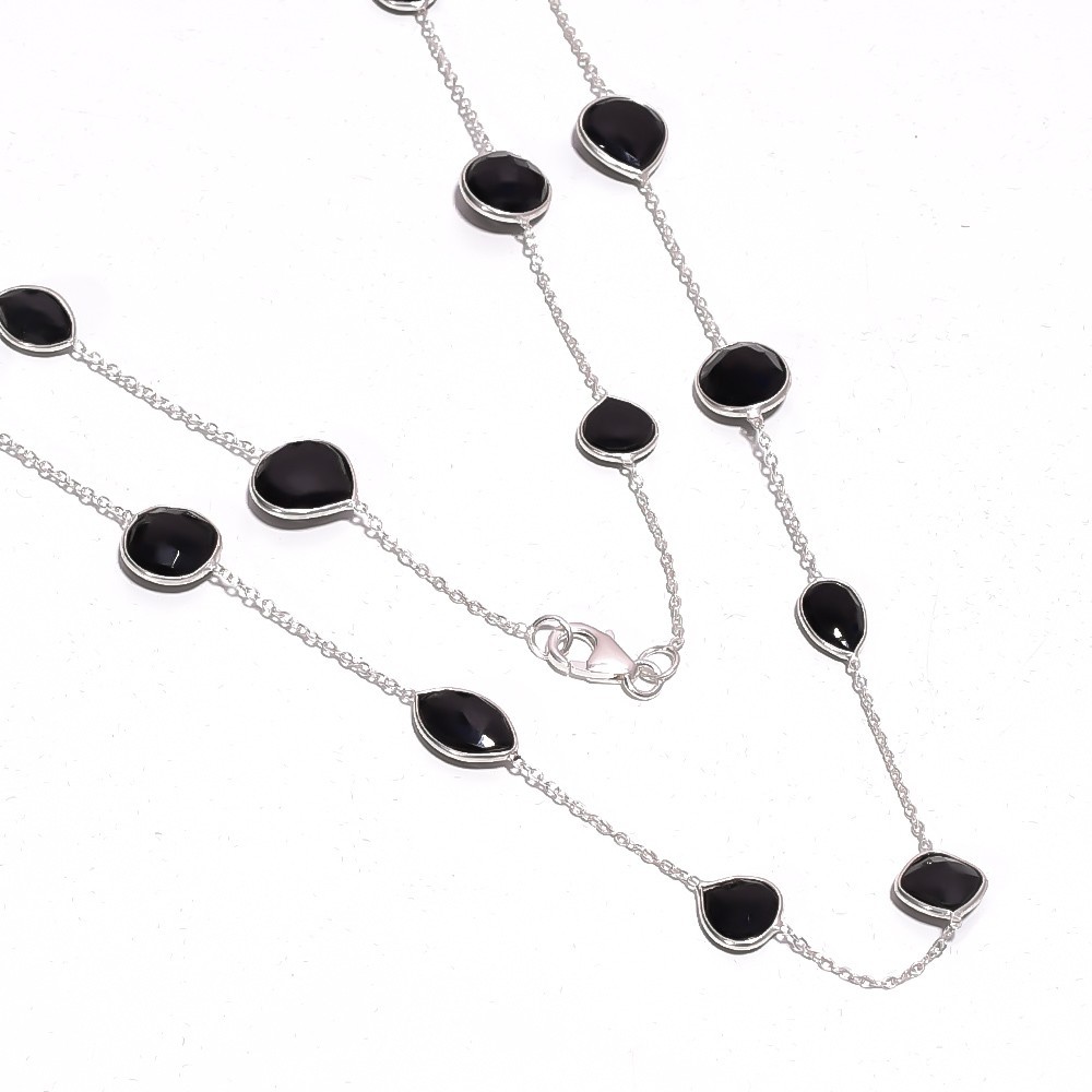 96.87 ct Black Spinel Station Necklace 925 Sterling Silver Long Chain 31.5″