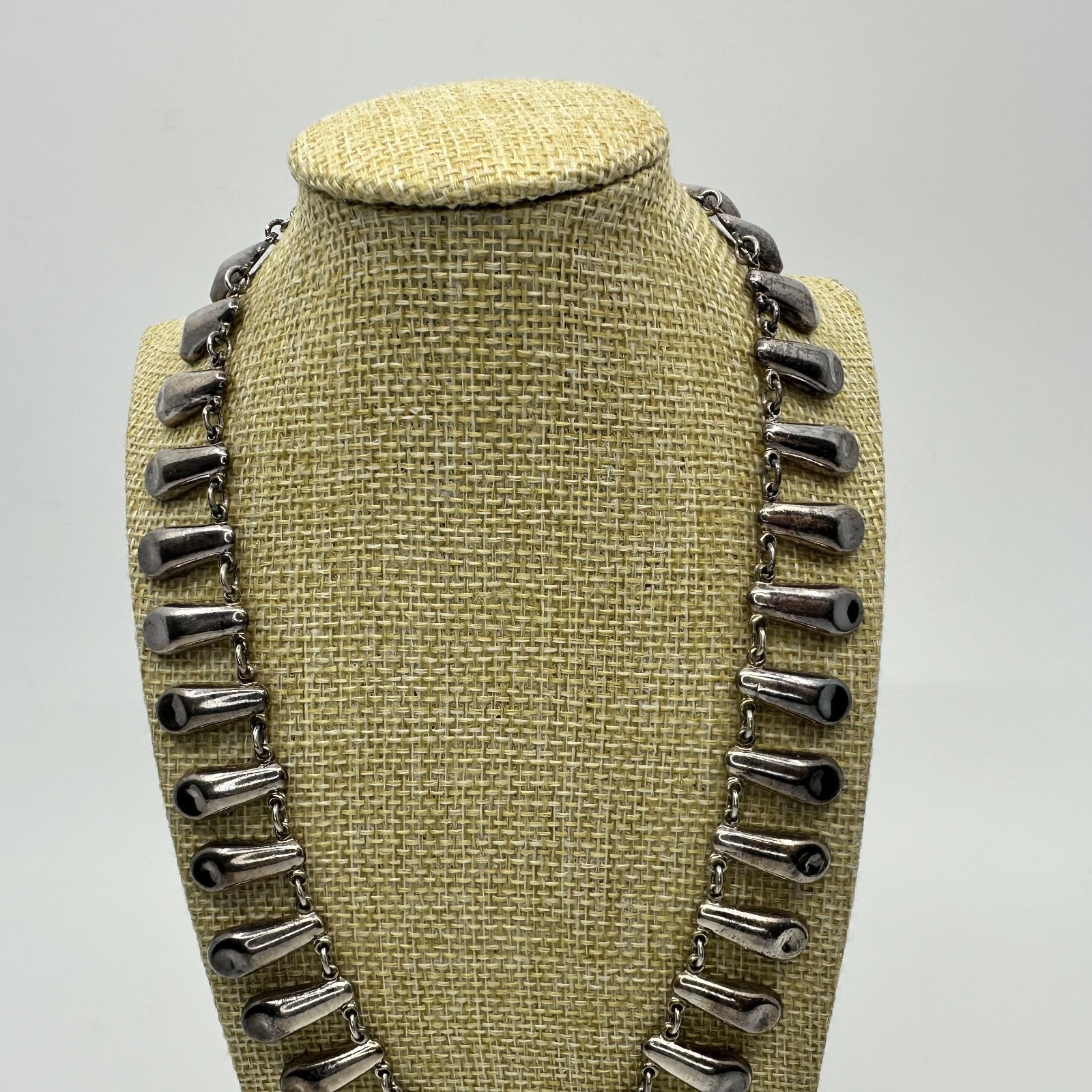 Mexico 925 Sterling Silver Teardrop Fringe Bib Necklace 53.6g 16 Inch