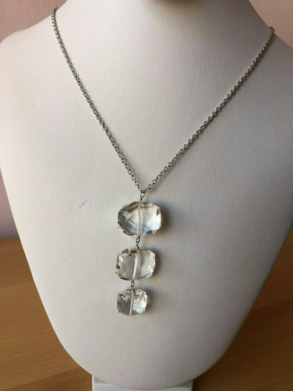 ARTISAN ROCK CRYSTAL CLEAR COLORLESS QUARTZ LONG NECKLACE 925 STERLING DESIGNER