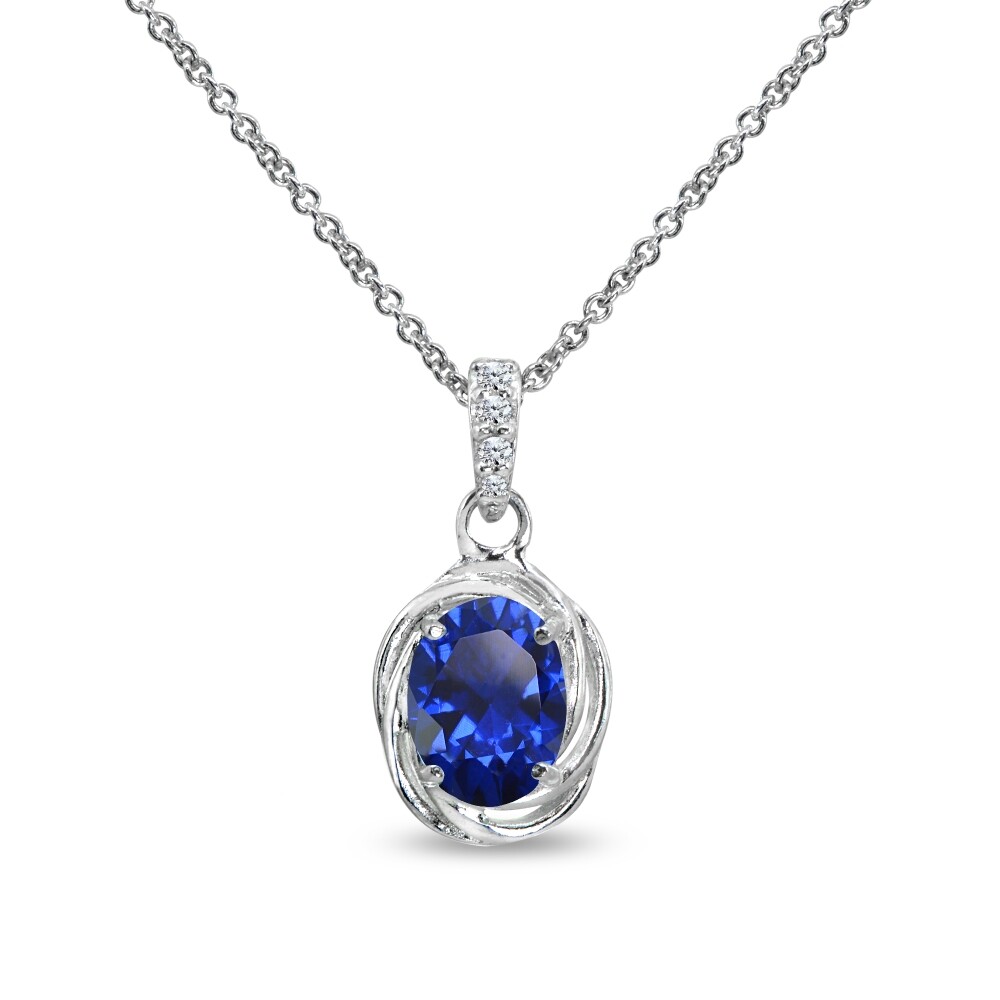 8x6mm Oval Created Blue Sapphire & CZ 925 Silver Pendant Necklace