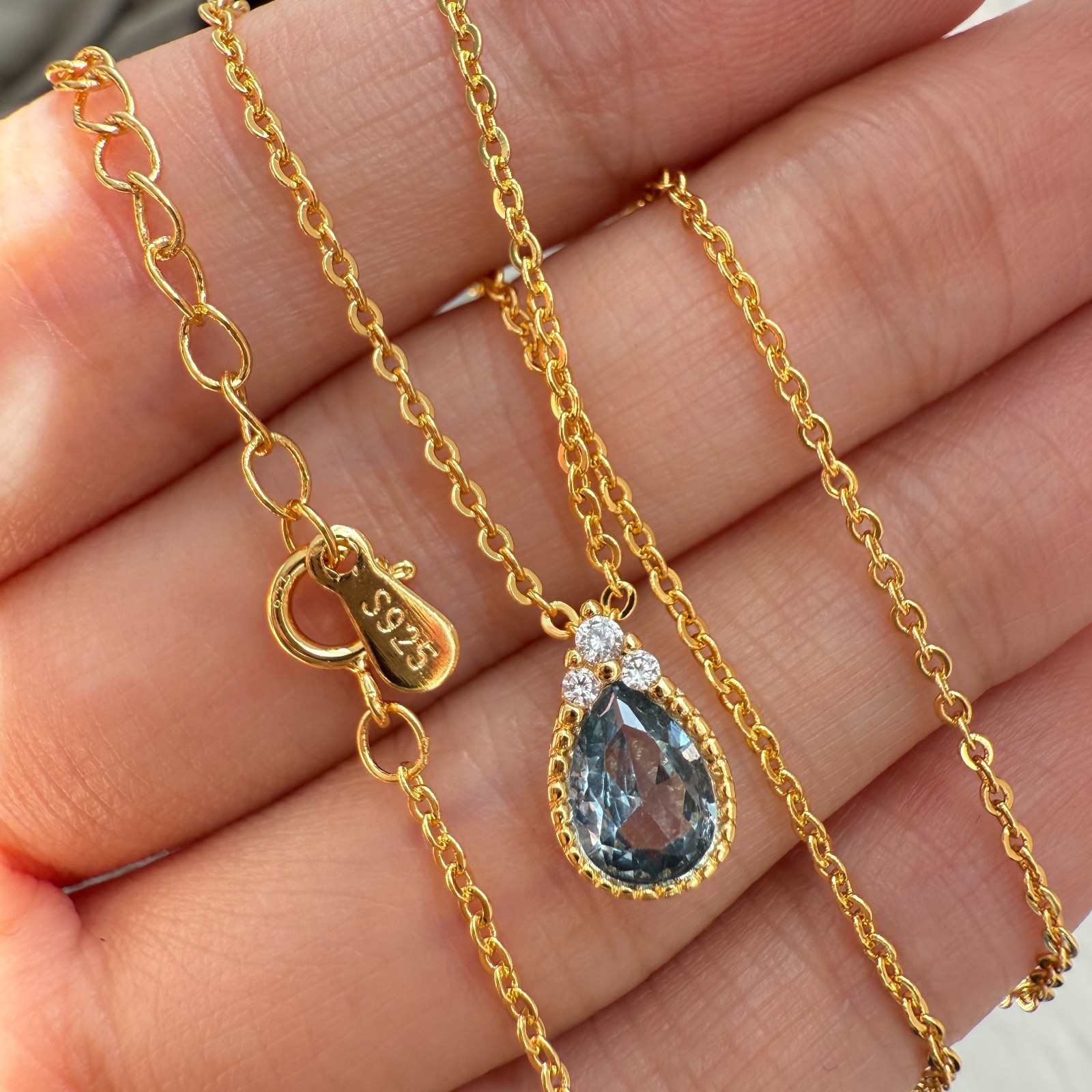 925 Sterling Silver Necklace 8x6mm Natural Aquamarine Zircon 14K Gold Plated NEW
