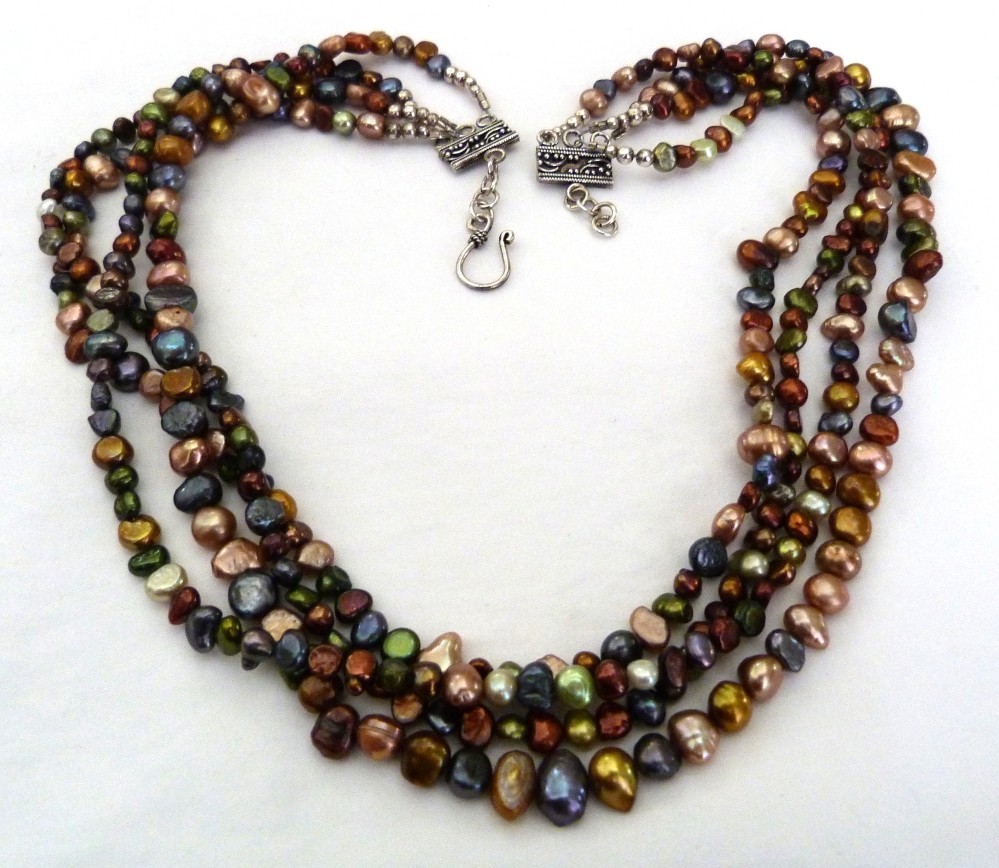4-STRAND MULTI-COLOR FRESHWATER PEARLS STERLING SILVER BEAD NECKLACE 23.75″ LONG