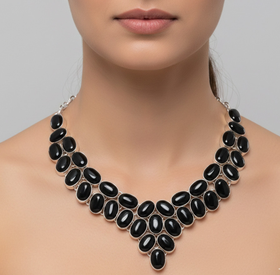 Black Onyx Gemstone Handmade 925 Sterling Silver Jewelry Necklace Size-18