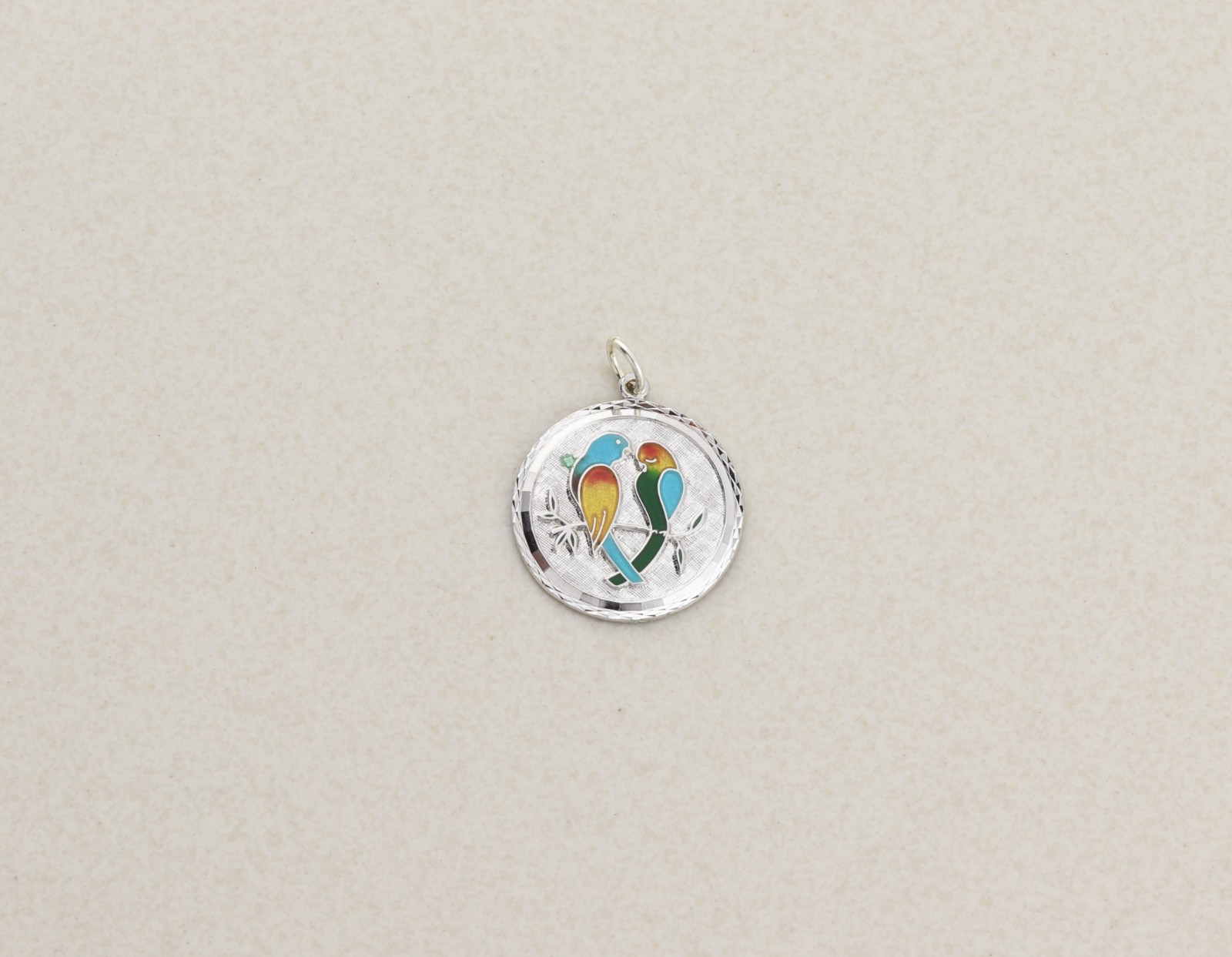 Sterling Silver Two Love Birds Enamel Painted Charm or Pendant 1″ x 7/8″