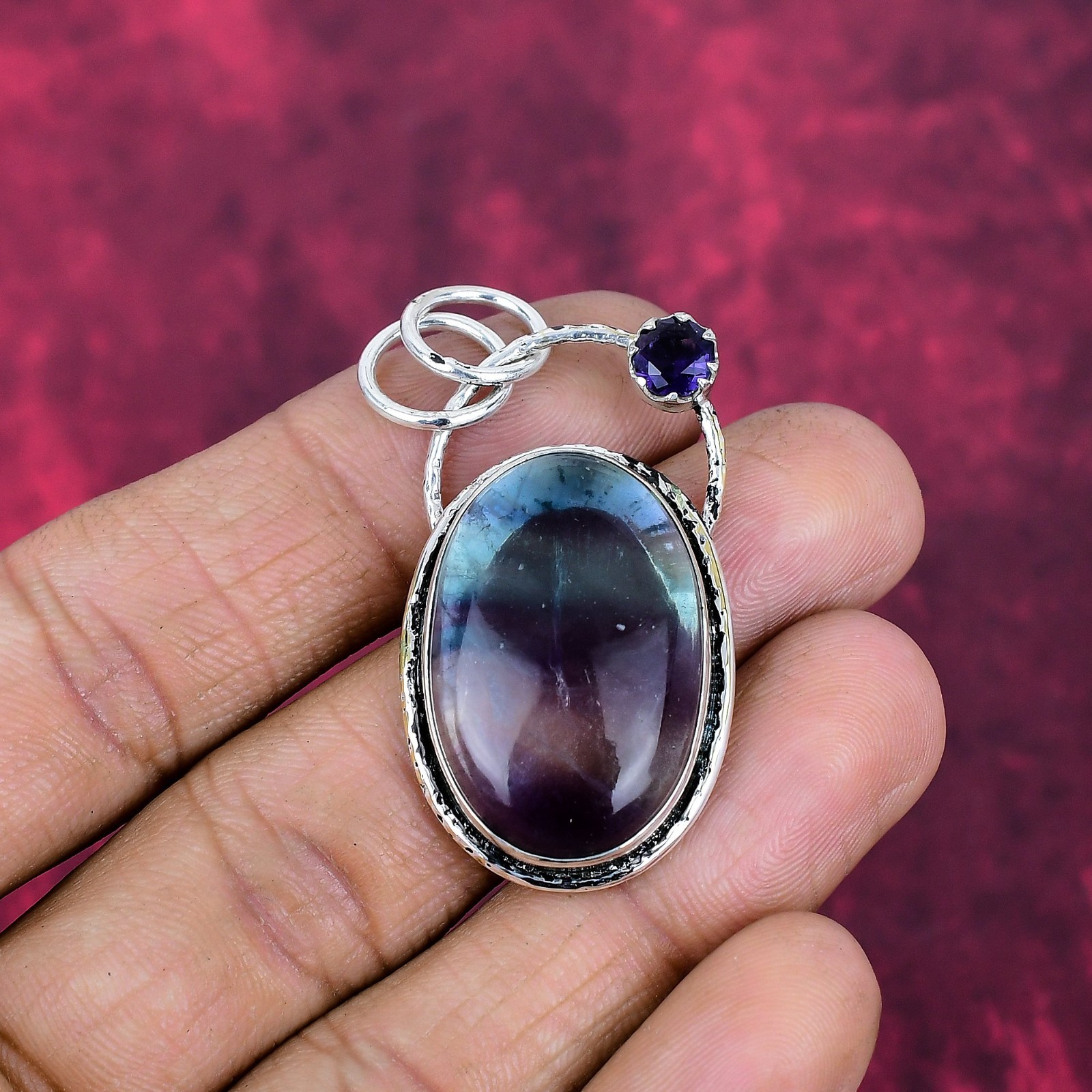 Fluorite & Amethyst Gemstone Handmade 925 Solid Silver Healing Pendant Jewelry