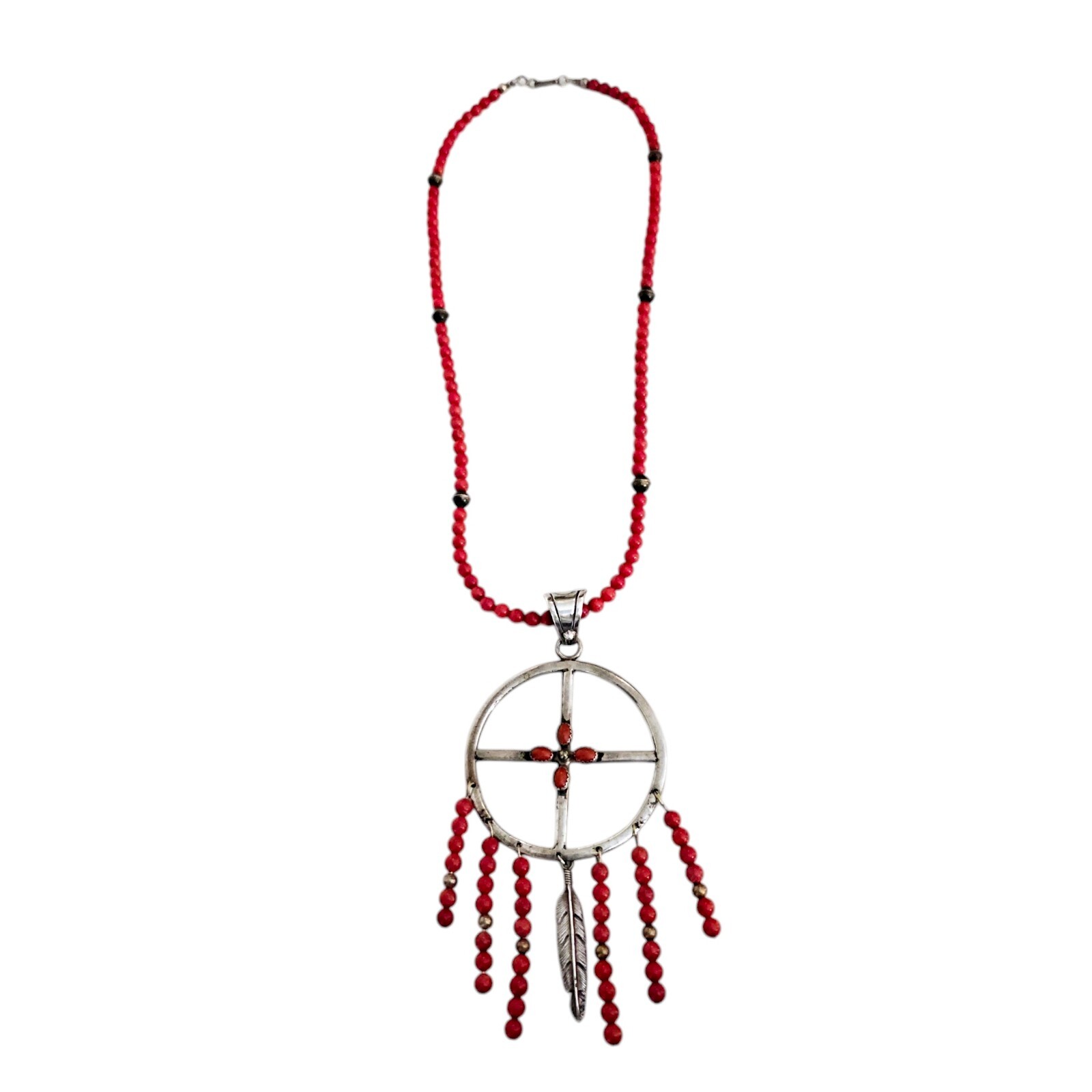 SOUTHWEST Necklace Dreamcatcher 925 Sterling Silver Coral Bead Chain Signed B