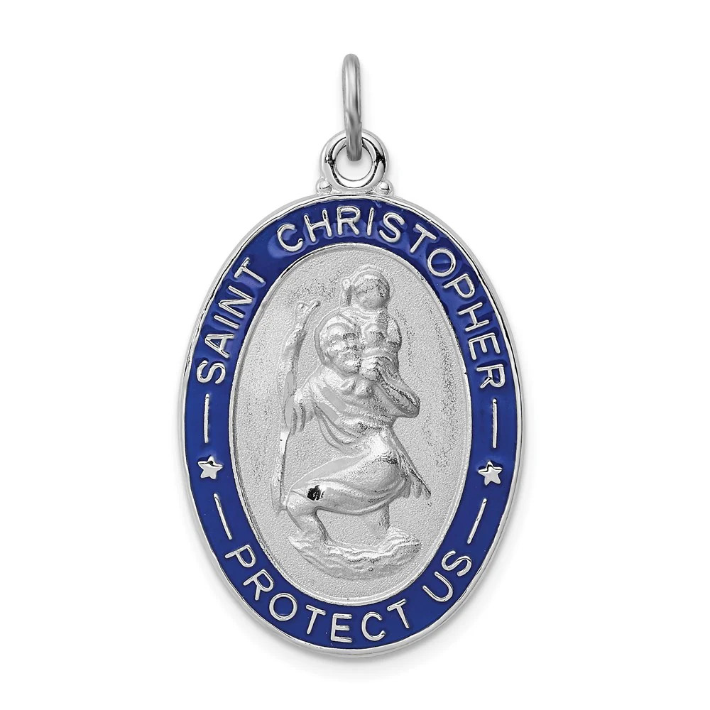 Sterling Silver Platinum-Plated Enameled St. Christopher Medal