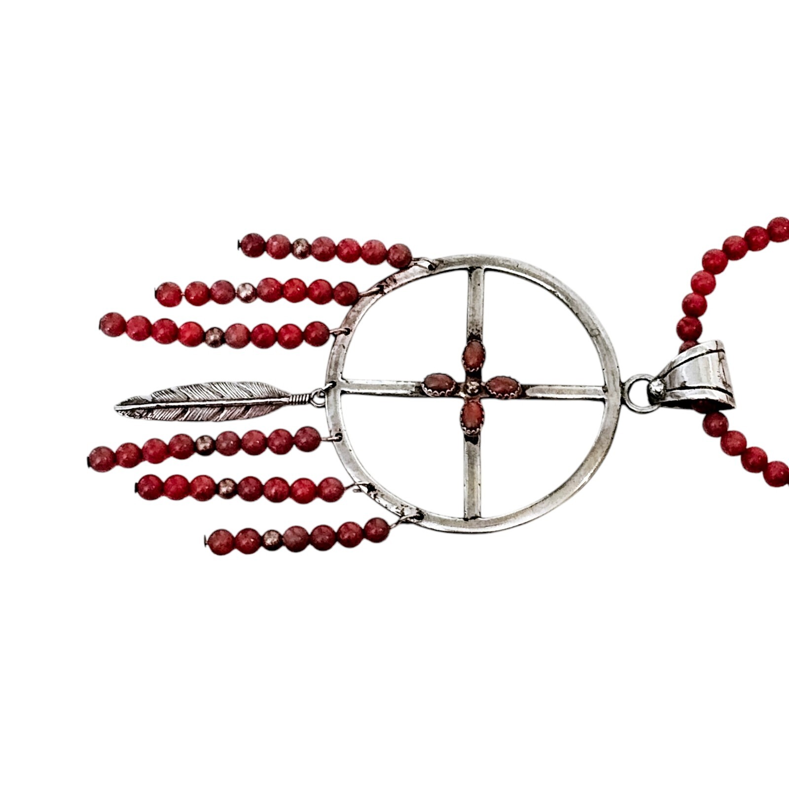 SOUTHWEST Necklace Dreamcatcher 925 Sterling Silver Coral Bead Chain Signed B