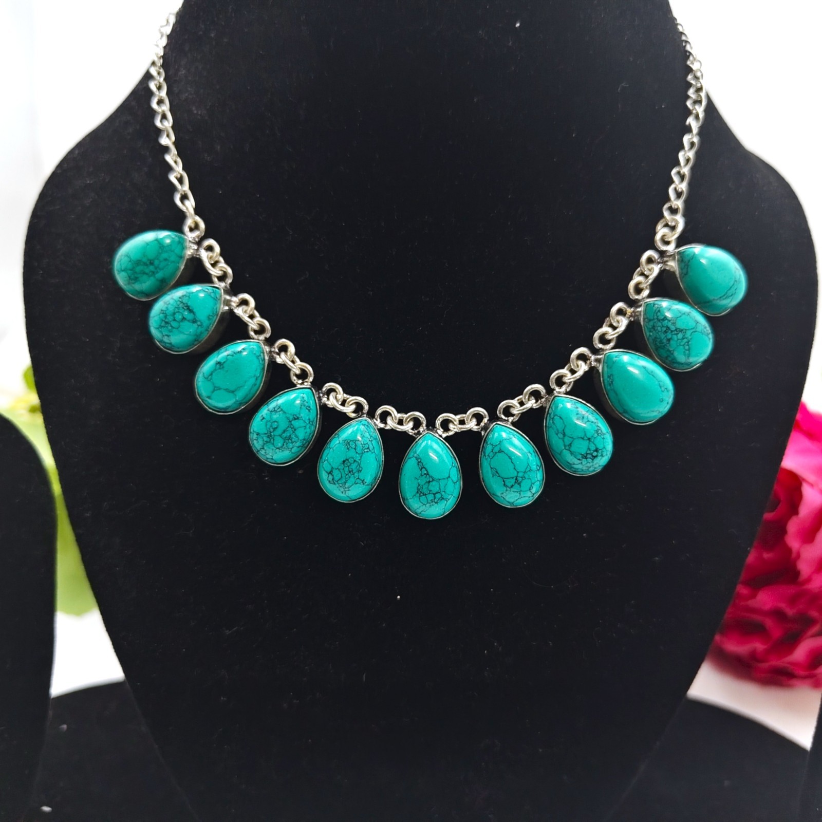 Blue Turquoise Gemstone Handmade 925 Sterling Silver Jewelry Necklace Sz-17-18″