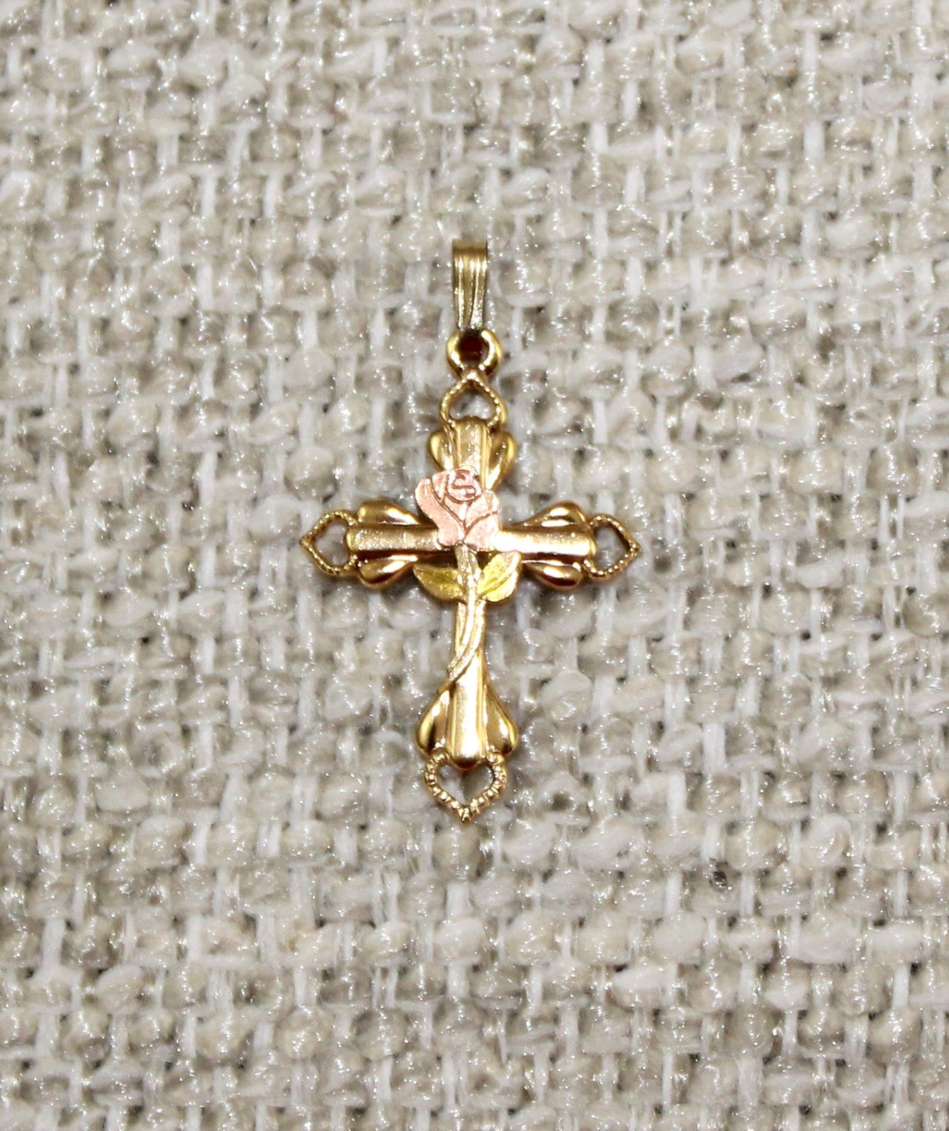 Gold Cross w/ Rose Gold Rose Pendant/Charm 1/20 14K Gold Filled Religious Jesus