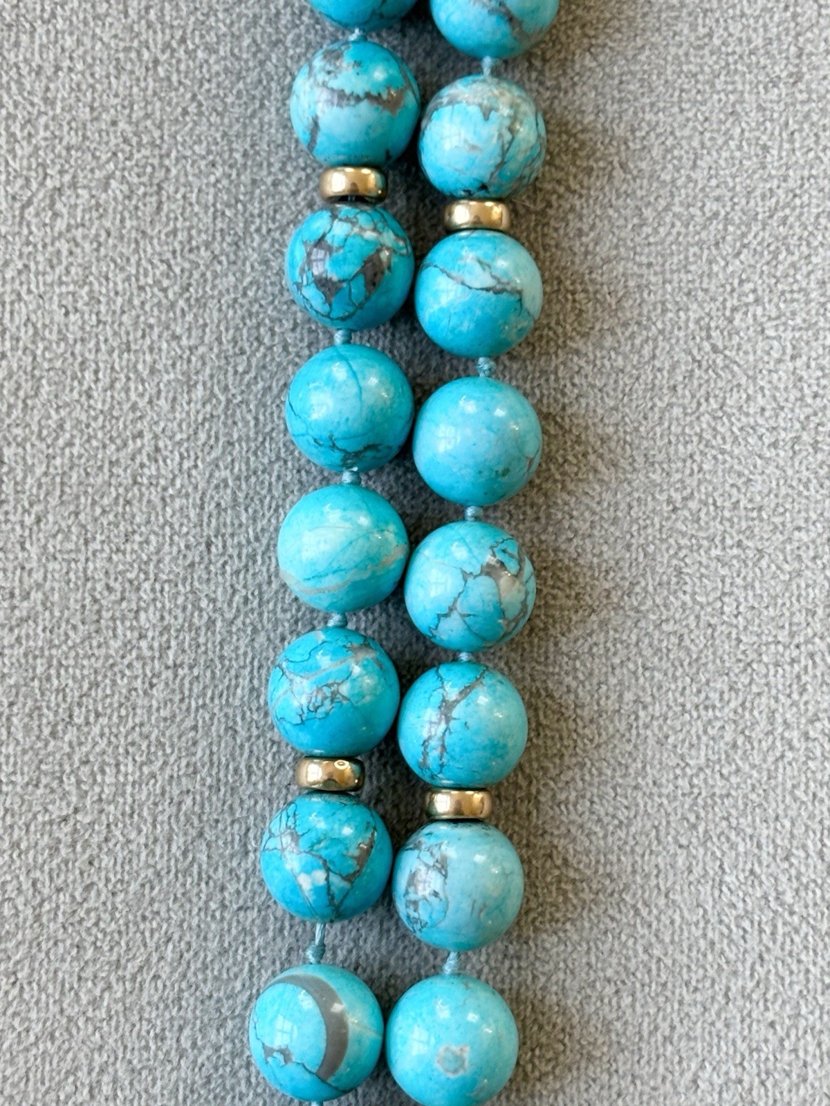 Solid 14k Yellow Gold 12mm Round Natural Turquoise Beaded Necklace 33” 159g