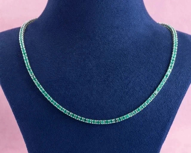 15Ct Round Cut Lab Created Green Emerald Tennis Necklace 14K White Gold Plated