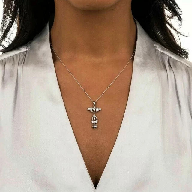 New Victorian Elongated Pendant 14K White Gold Plated 0.5Ct Test Pass Moissanite