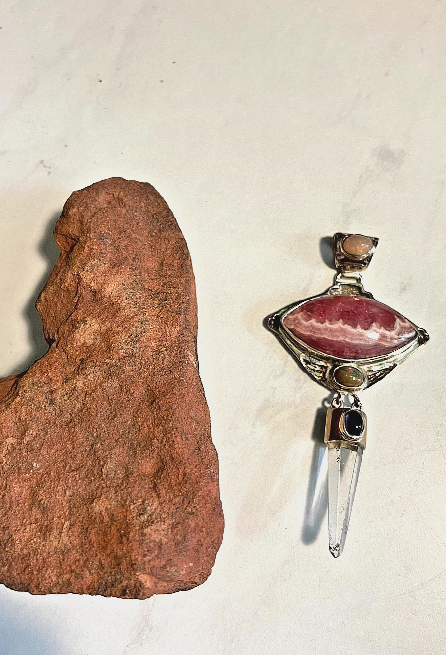 Rhodochrosite Pendant with Inlaid Opal Bail and Quartz Point w/ Inlaid Amethyst