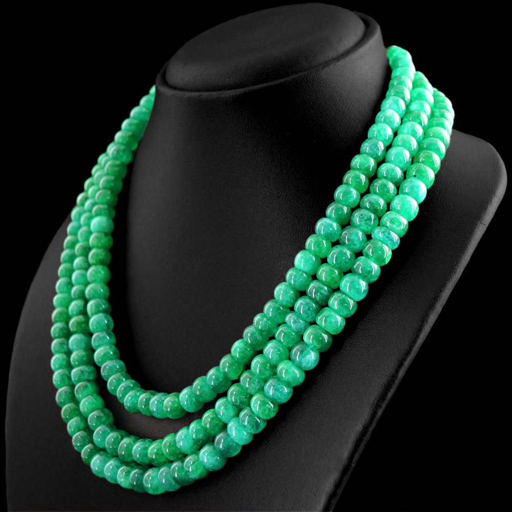 789.00 CTS EARTH MINED 3 STRAND ENHANCED EMERALD ROUND SHAPE BEADS NECKLACE