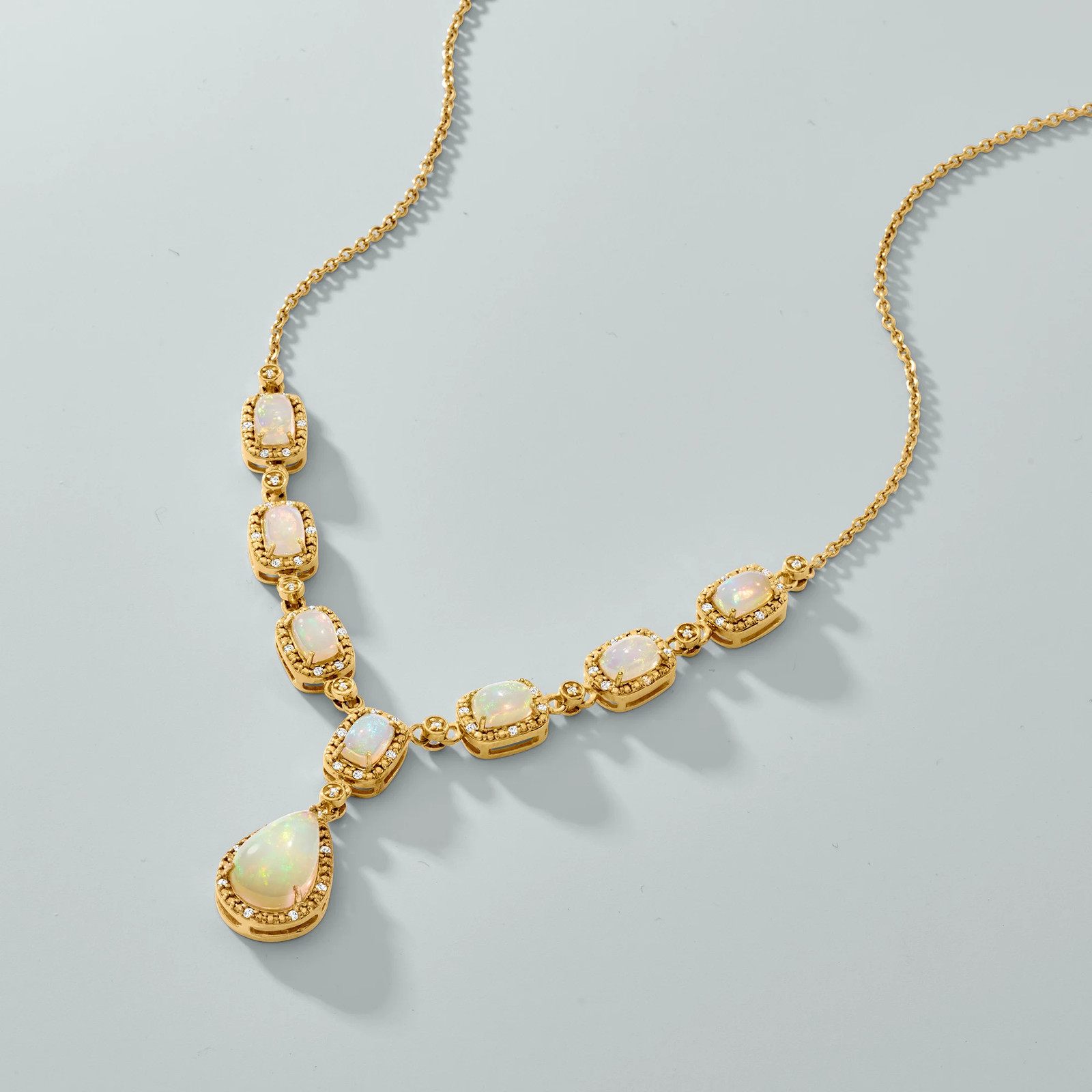 Opal and .30 ct. t.w. Diamond Y-Necklace in 18kt Gold Over Sterling. 18 inches