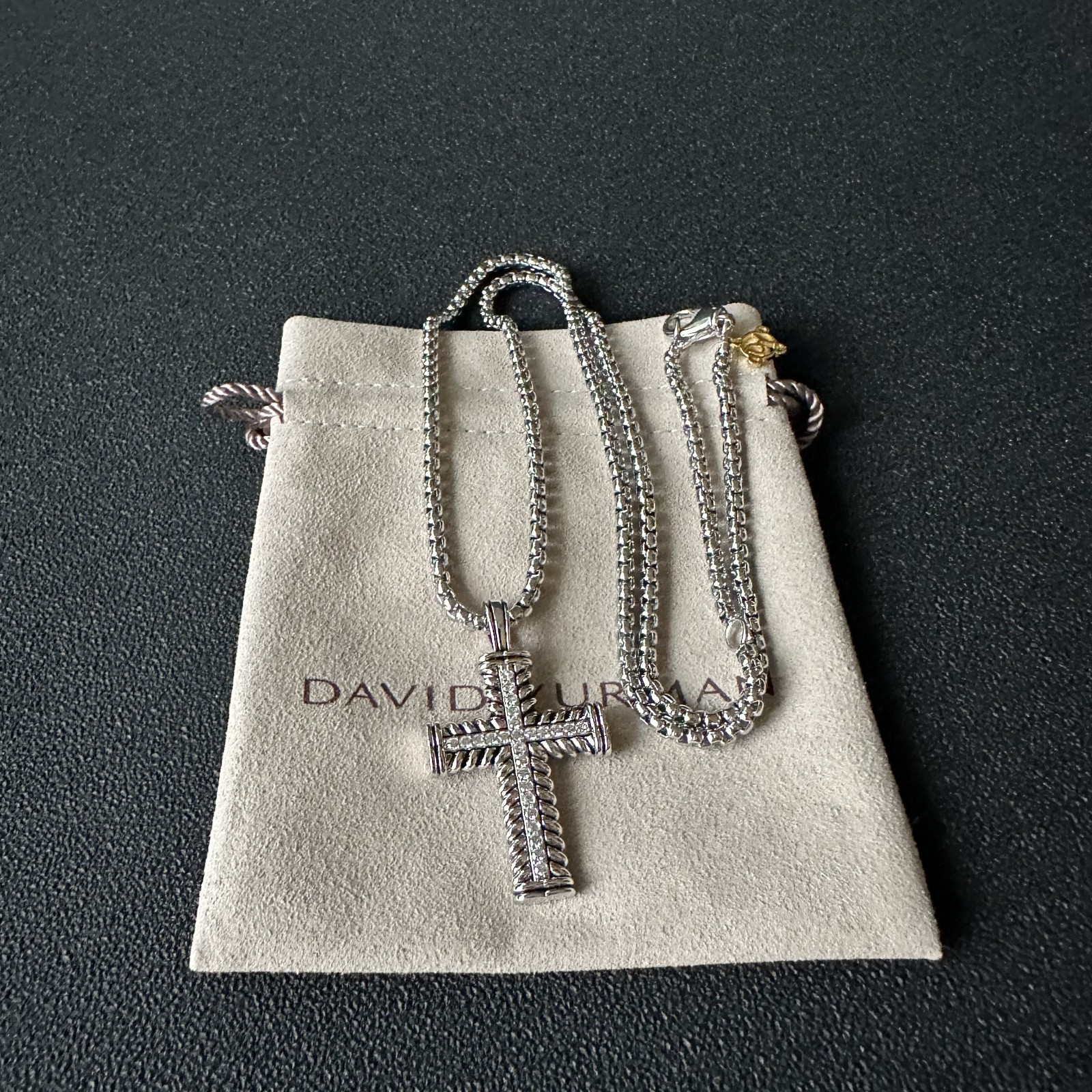 David Yurman Diamond Cable Cross Pendant Silver Classic Box Chain Necklace 55cm