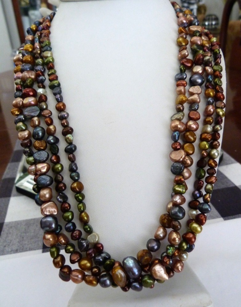 4-STRAND MULTI-COLOR FRESHWATER PEARLS STERLING SILVER BEAD NECKLACE 23.75″ LONG