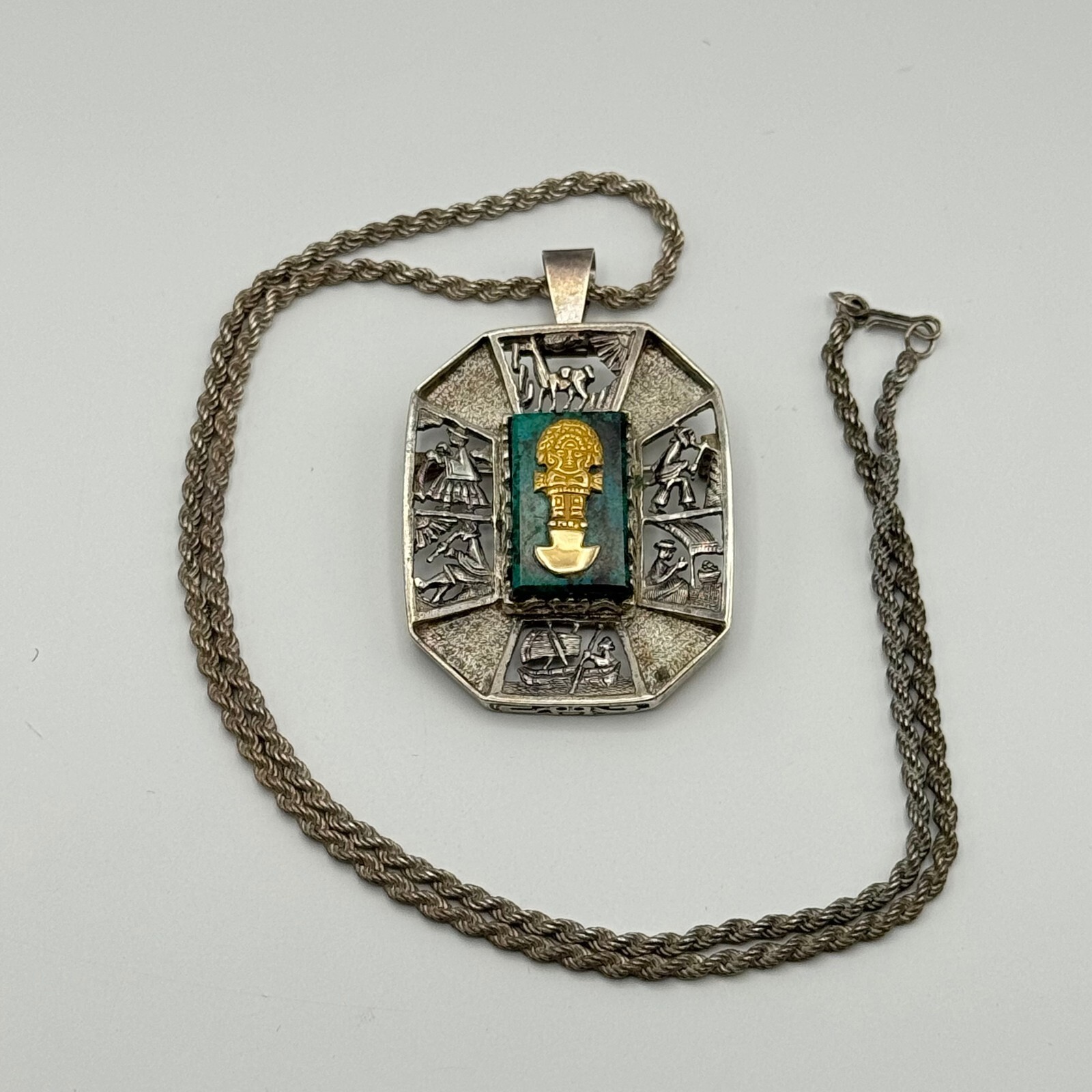 Sterling Silver, 18K Gold, Azurite Peruvian Necklace and Pendant