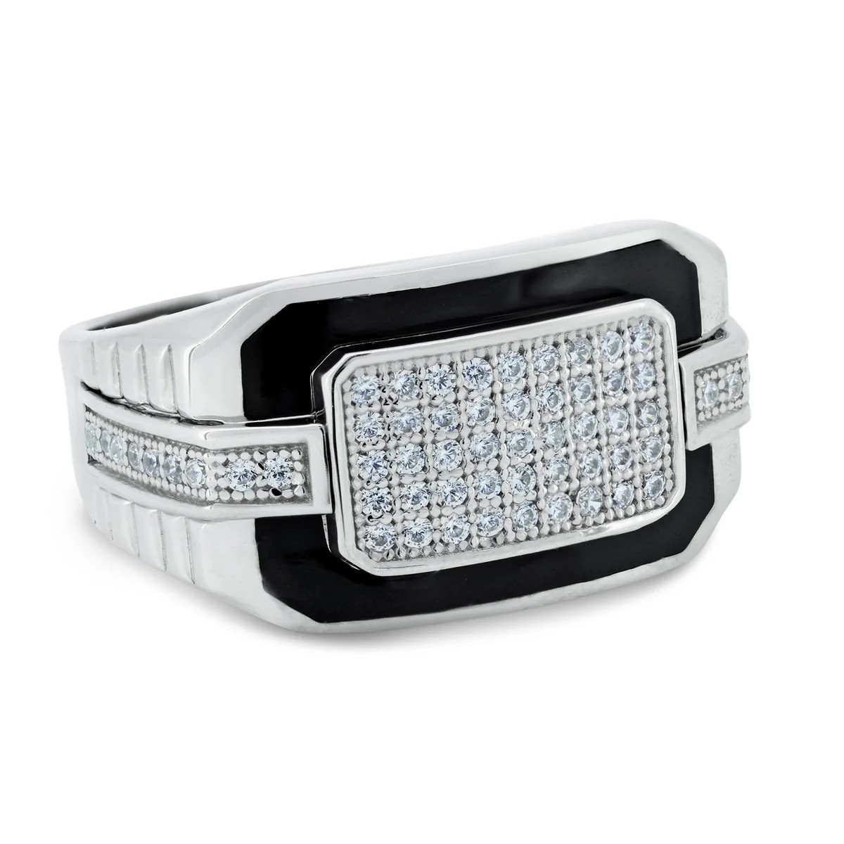 Rhodium Plated 925 Sterling Silver Multi Row CZ Black Enamel Ring