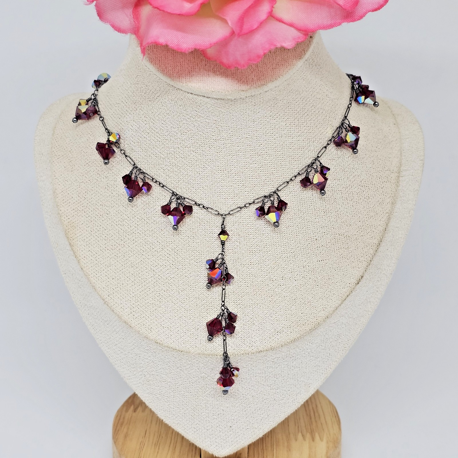 925 Oxidized Sterling Silver – Red Crystal Bead Charms Lariat Chain Necklace