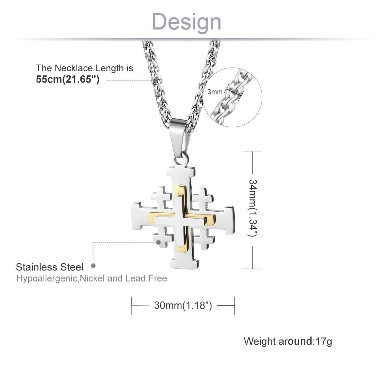 Stainless Steel Jerusalem Crusaders Cross Pendant Necklace for Men & Women