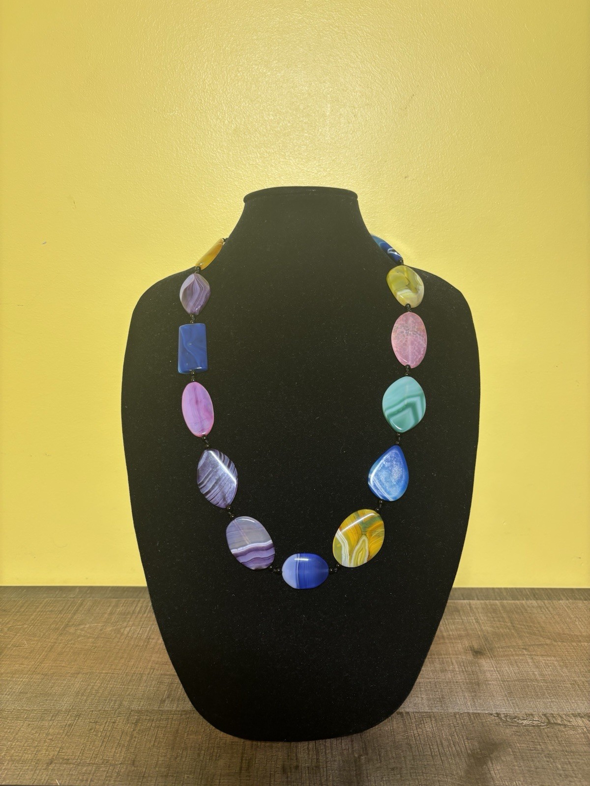 AIL ALUMA Multicolor Agate Stone Slab Statement Necklace 925 Sterling Silver 32”