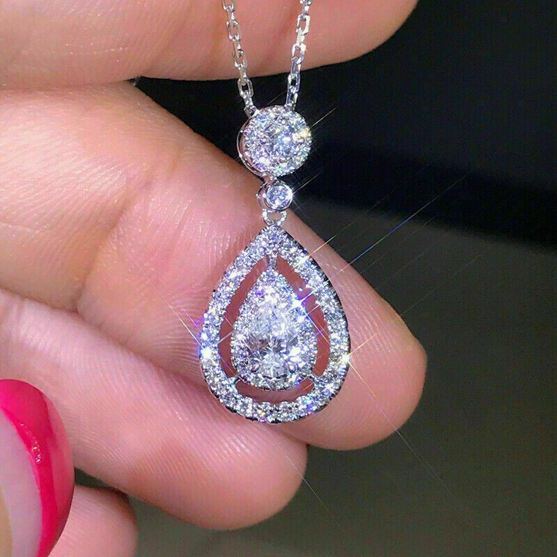 3 Ct Round Cut D/VVS1 Diamond Drop Shape Pendant 14K White Gold Over