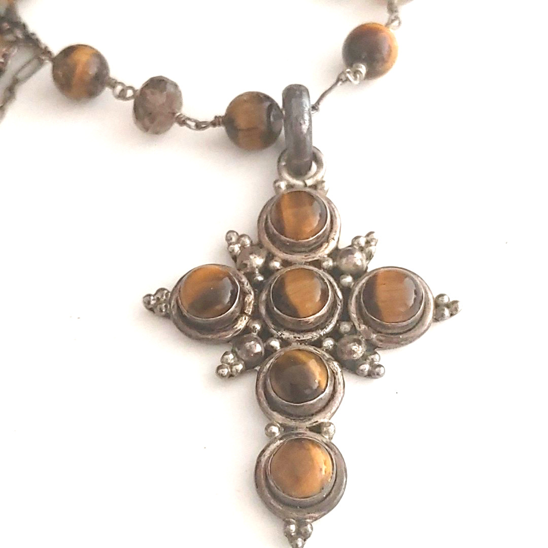 Sterling Silver Tiger’s Eye CROSS Pendant Necklace Rosary Style Chain Signed 32”