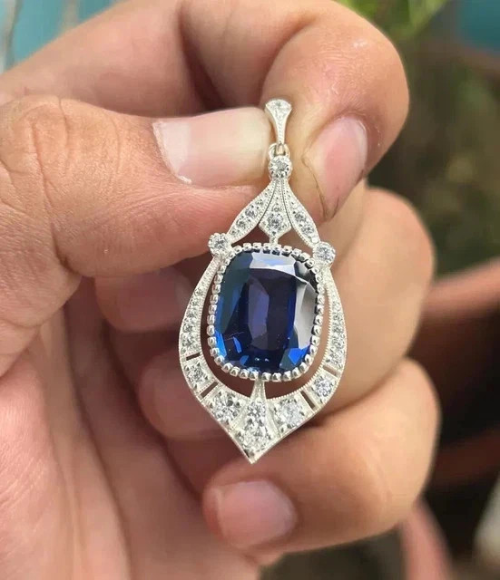 Vintage Art Deco Style Pendant Lab Created Diamond Sapphire White Gold Plated