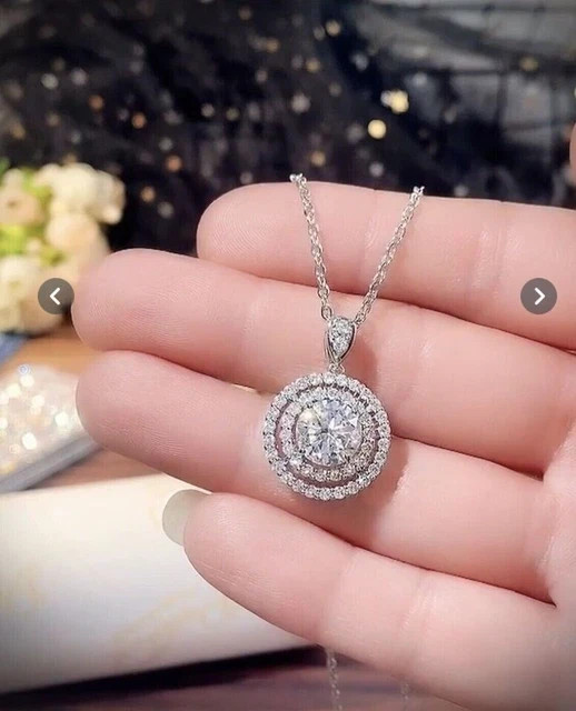 2Ct Round Lab Created Diamond Double Halo Pendant Necklace 14K White Gold Plated