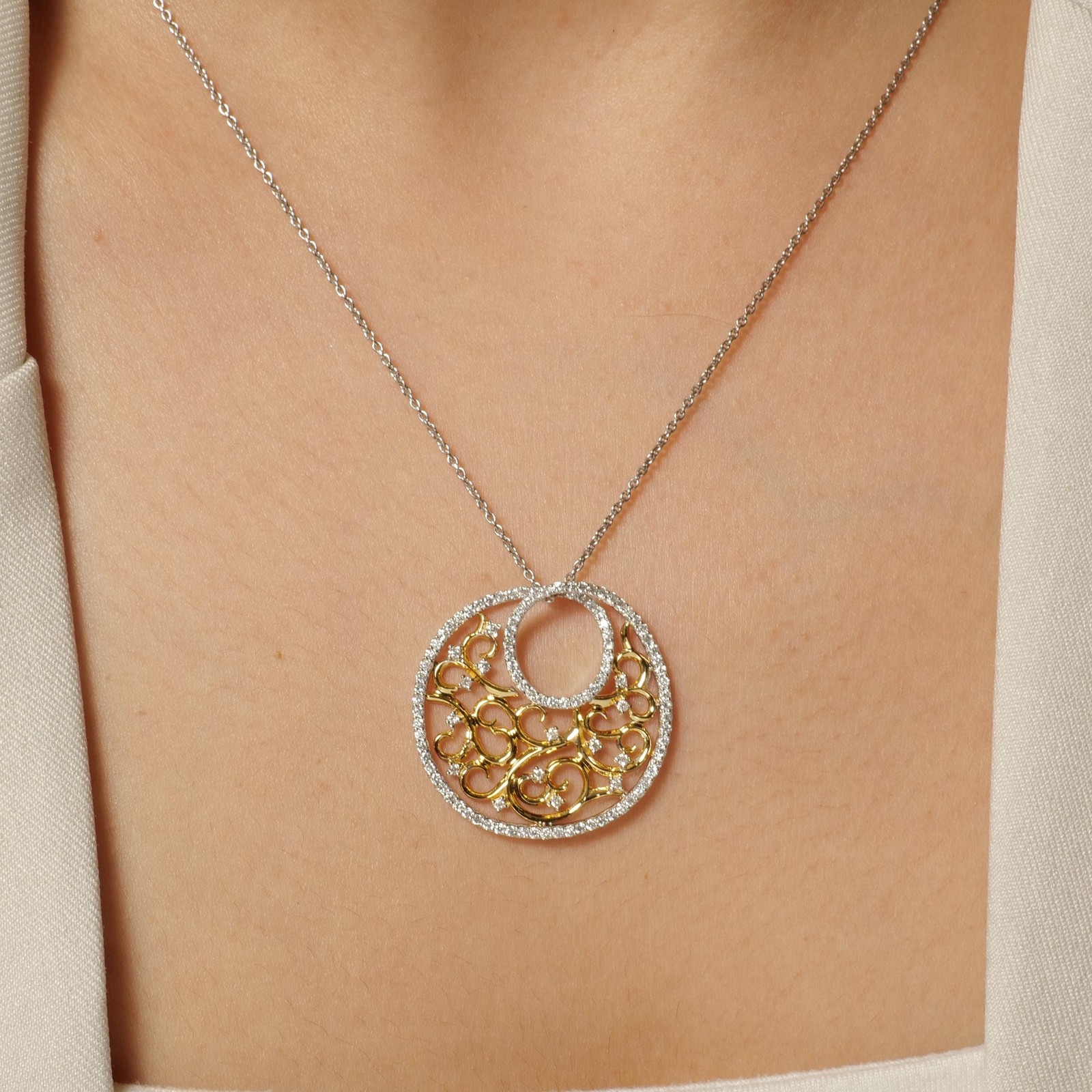 0.76 ct Natural Diamond Filigree Circle Pendant 14K Gold Solid Openwork Pendant