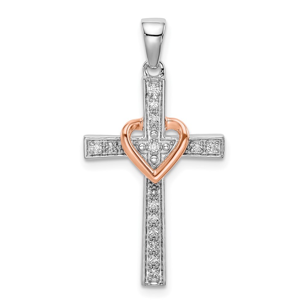 14k Two Tone Gold 1/8 Ct Lab Grown Diamond VS/SI+ G+ Cross with Heart Pendant