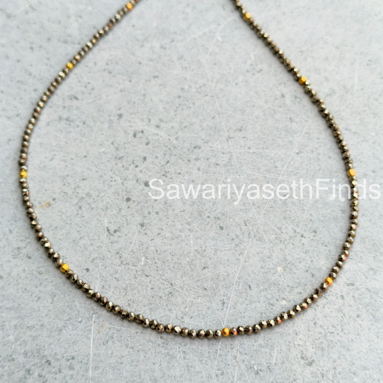 Faceted Pyrite Beaded Necklace, 2mm Rondelle Beads, Sterling Silver Clasp, Mini