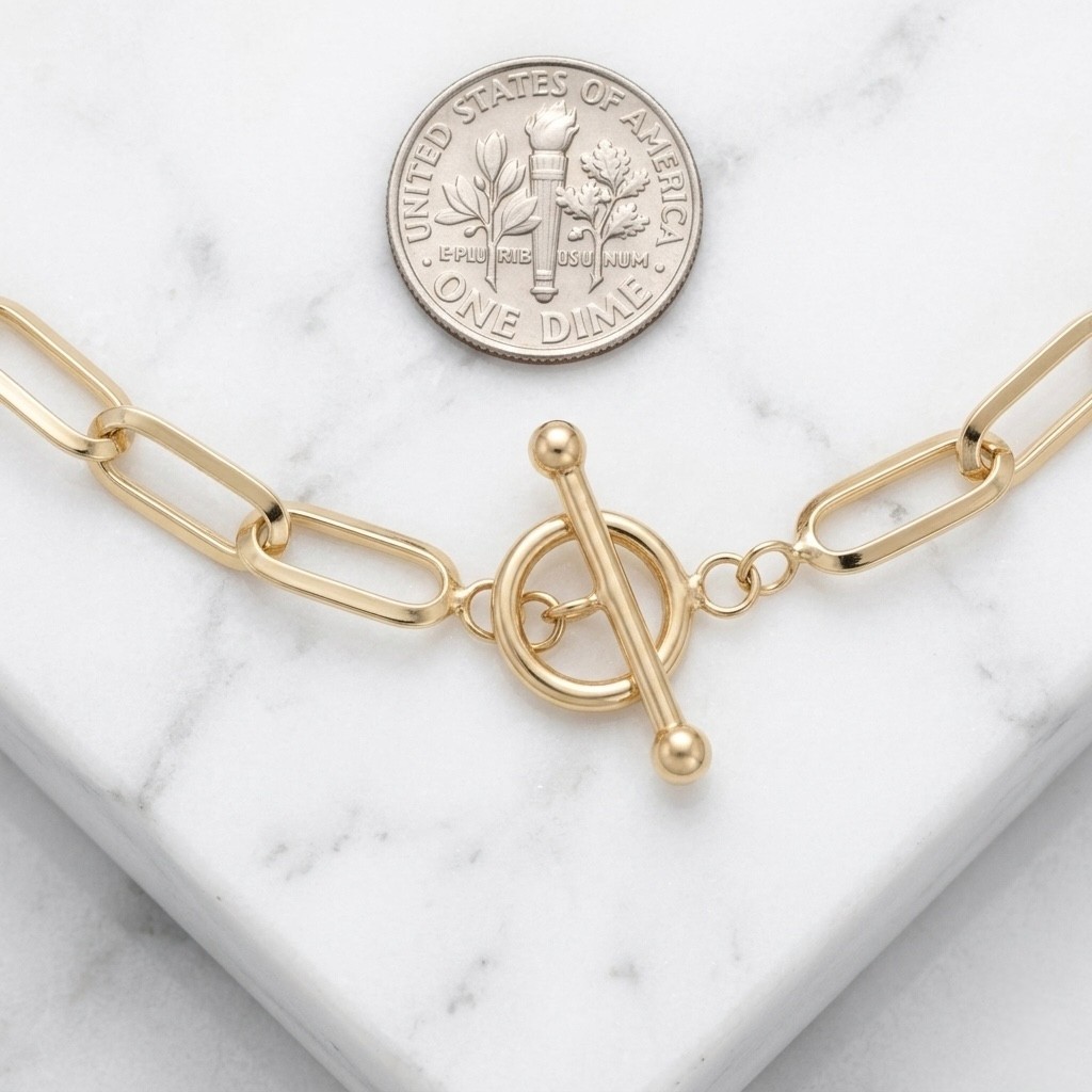 14K Yellow Gold Plated Silver Technibond Oval Paper Clip Chain Toggle Necklace